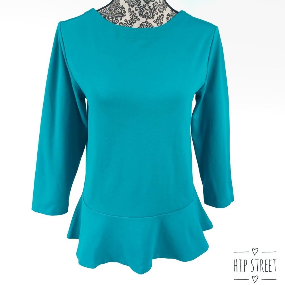 LANDS' END 3/4 Sleeve Ruffle Hem Stretch Tee Shirt Blouse S
